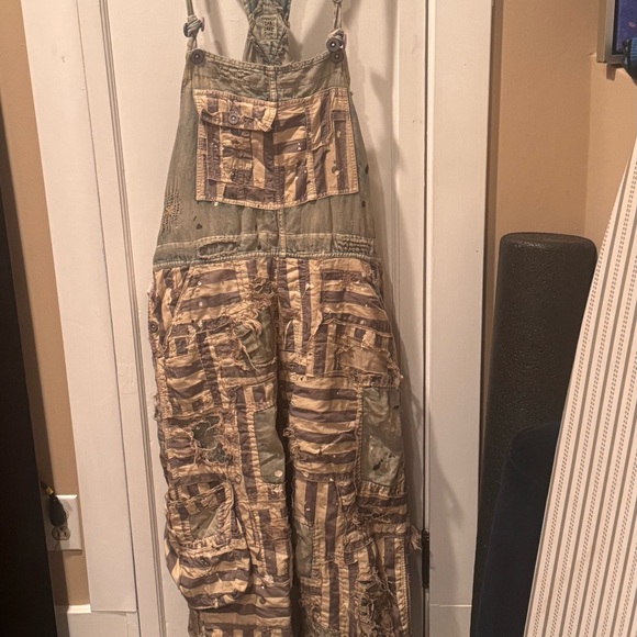 Magnolia Pearl Other - Magnolia Pearl Olive Green and Beige Striped Patchwork Overalls